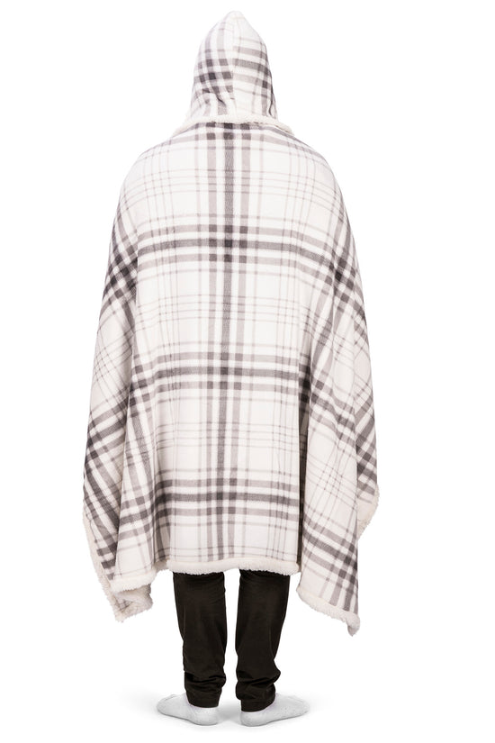 Wearable Blanket Hoodie | Grey Plaid Flannel w/ Sherpa Lining 48x65 | Cozy Chic Winter Throw