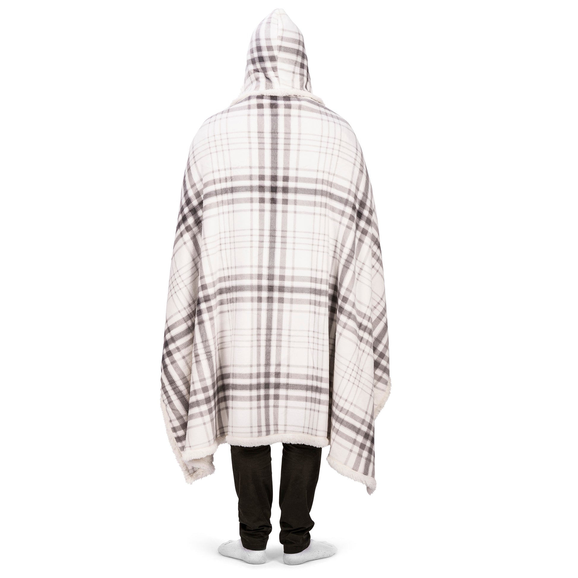 Wearable Blanket Hoodie | Grey Plaid Flannel w/ Sherpa Lining 48x65 | Cozy Chic Winter Throw