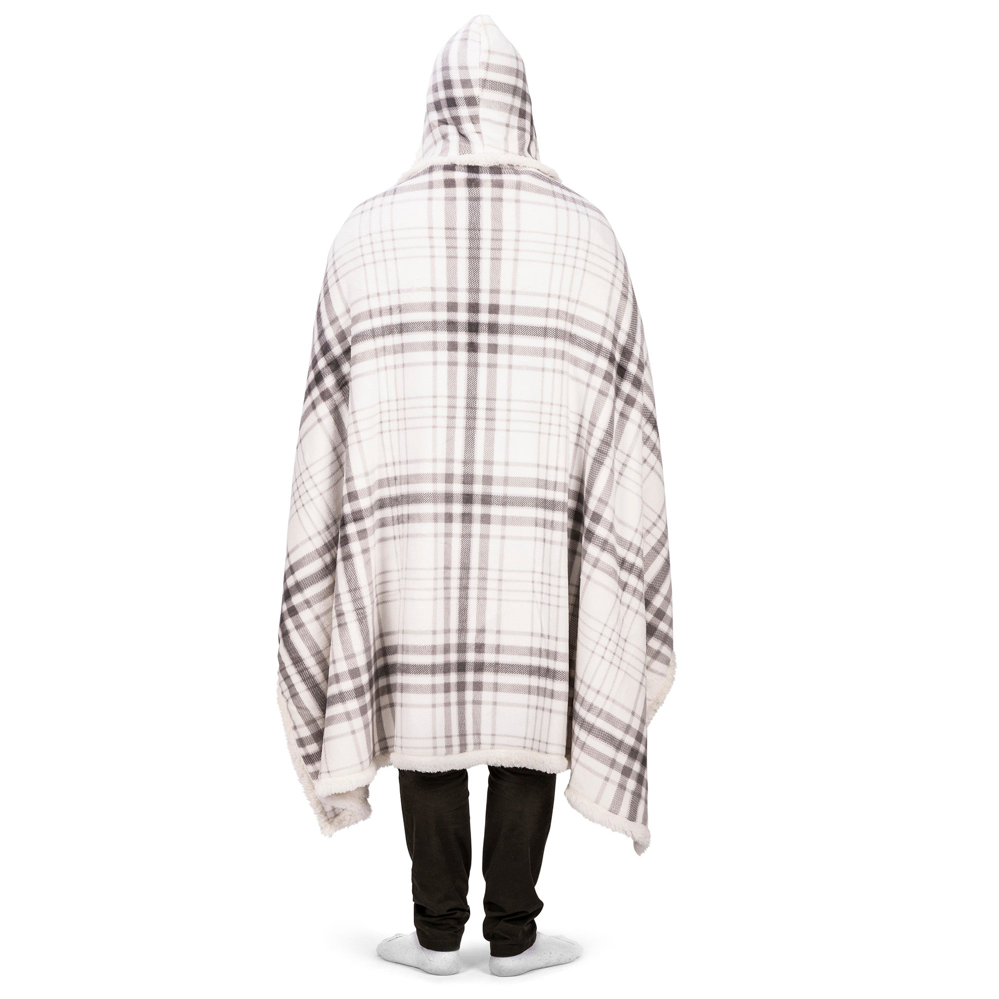 Wearable Blanket Hoodie | Grey Plaid Flannel w/ Sherpa Lining 48x65 | Cozy Chic Winter Throw