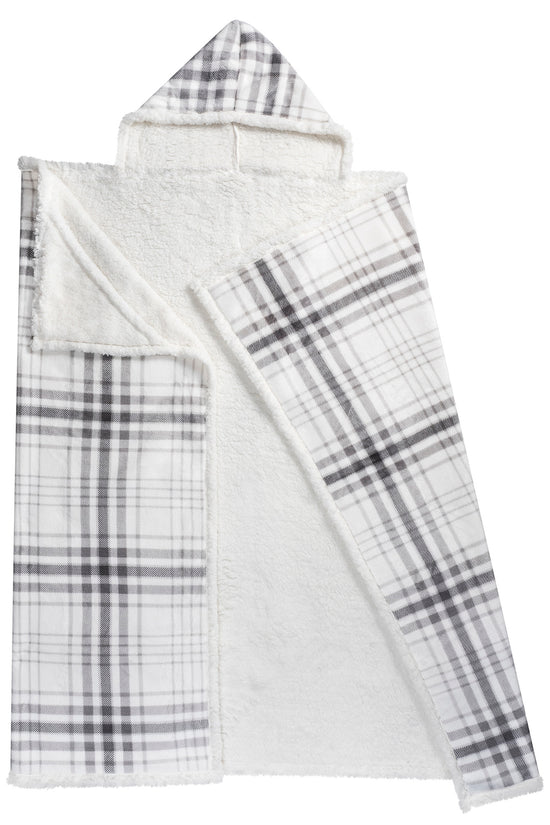 Wearable Blanket Hoodie | Grey Plaid Flannel w/ Sherpa Lining 48x65 | Cozy Chic Winter Throw