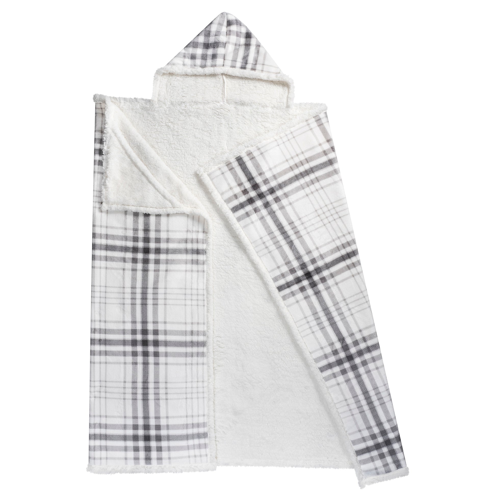 Wearable Blanket Hoodie | Grey Plaid Flannel w/ Sherpa Lining 48x65 | Cozy Chic Winter Throw