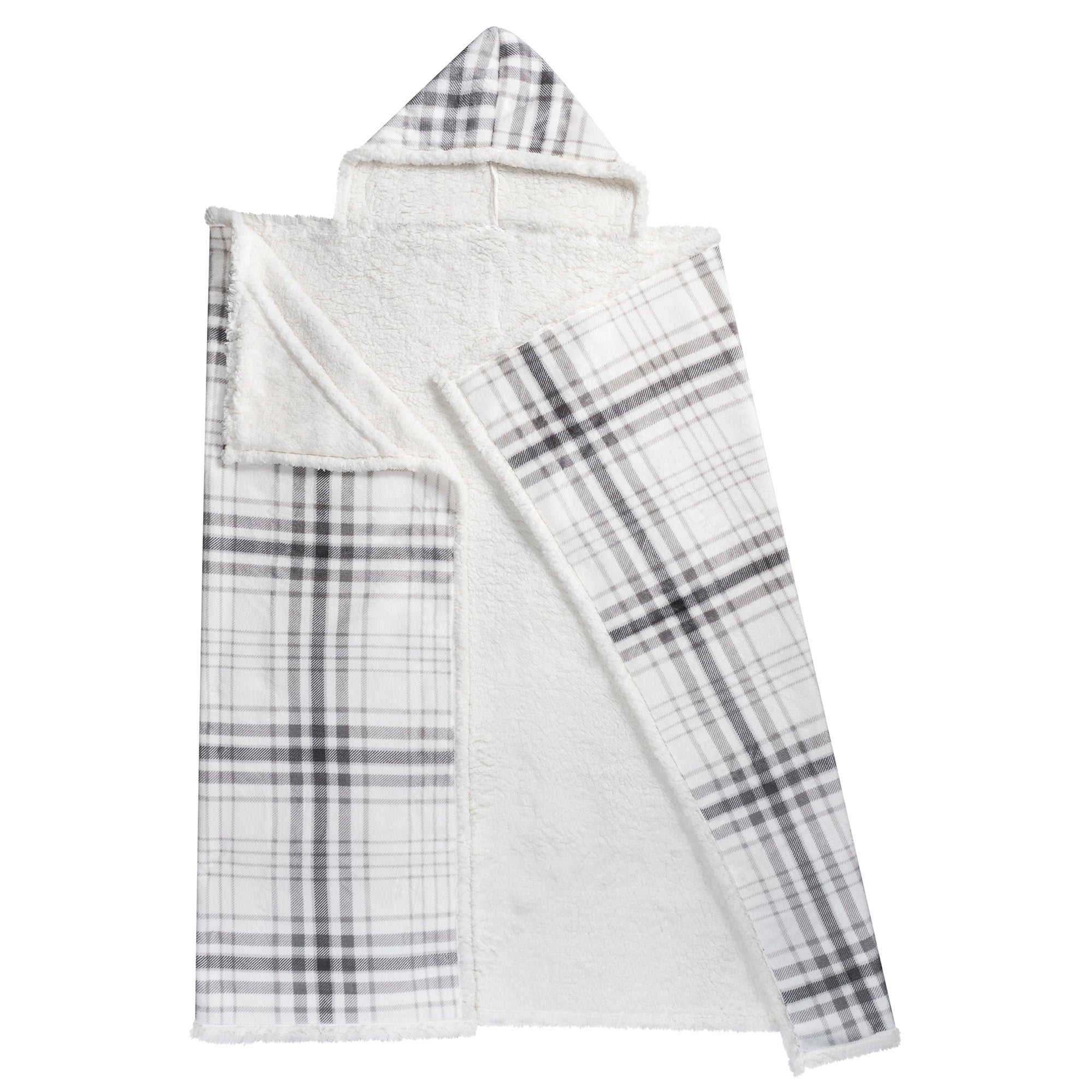 Wearable Blanket Hoodie | Grey Plaid Flannel w/ Sherpa Lining 48x65 | Cozy Chic Winter Throw