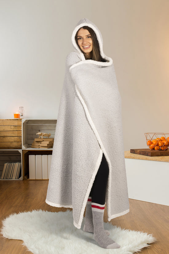 Oversized Wearable Blanket Hoodie | Light Grey Sherpa Fleece Throw 48x65 | Reversible & Super Soft