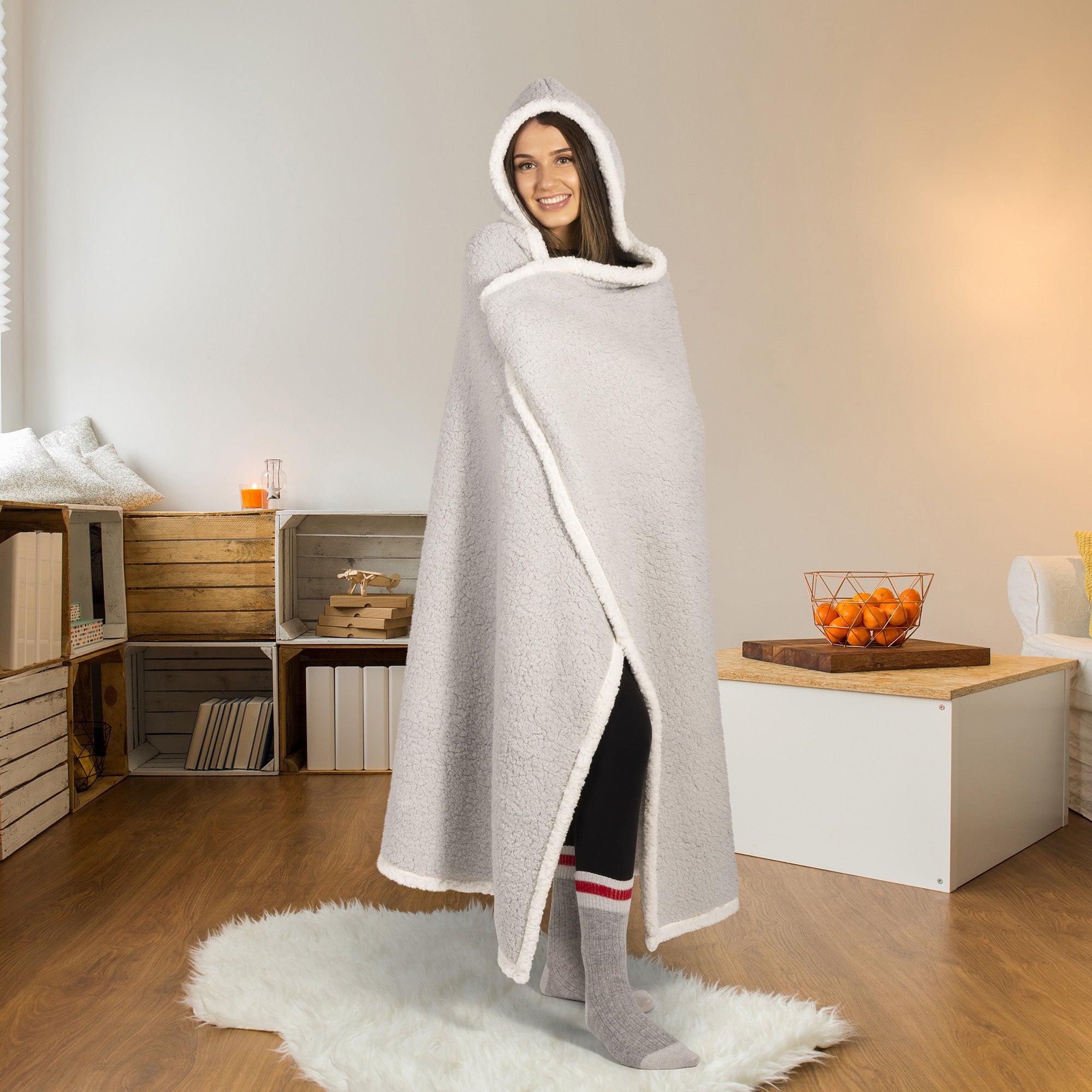 Oversized Wearable Blanket Hoodie | Light Grey Sherpa Fleece Throw 48x65 | Reversible & Super Soft