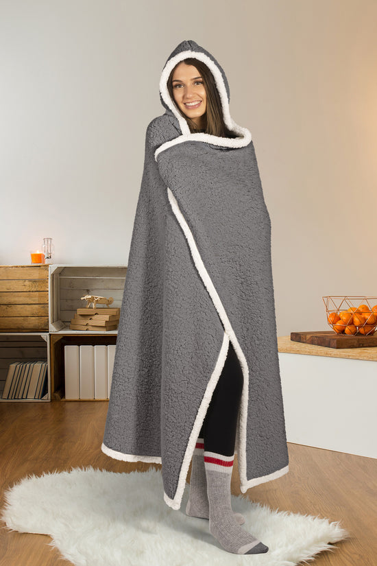 Oversized Wearable Blanket Hoodie | Charcoal Sherpa Fleece Throw 48x65 | Reversible & Super Soft