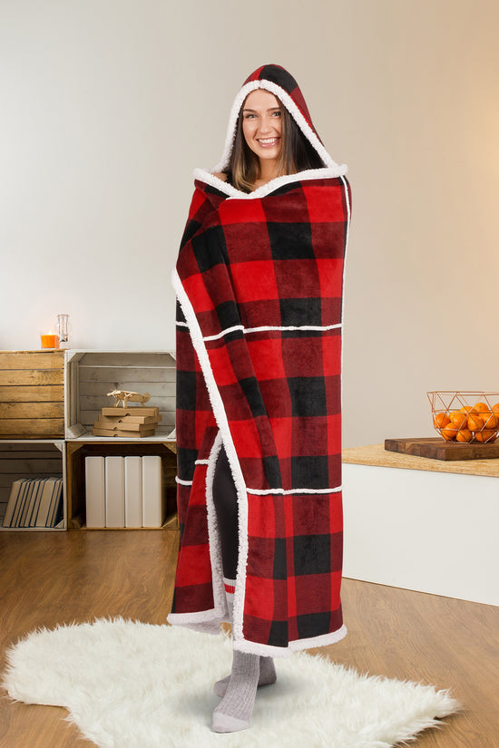 Buffalo Plaid Wearable Blanket Hoodie | Red & Black Sherpa Fleece Throw 48x65 | Cozy Cabin Christmas Gift
