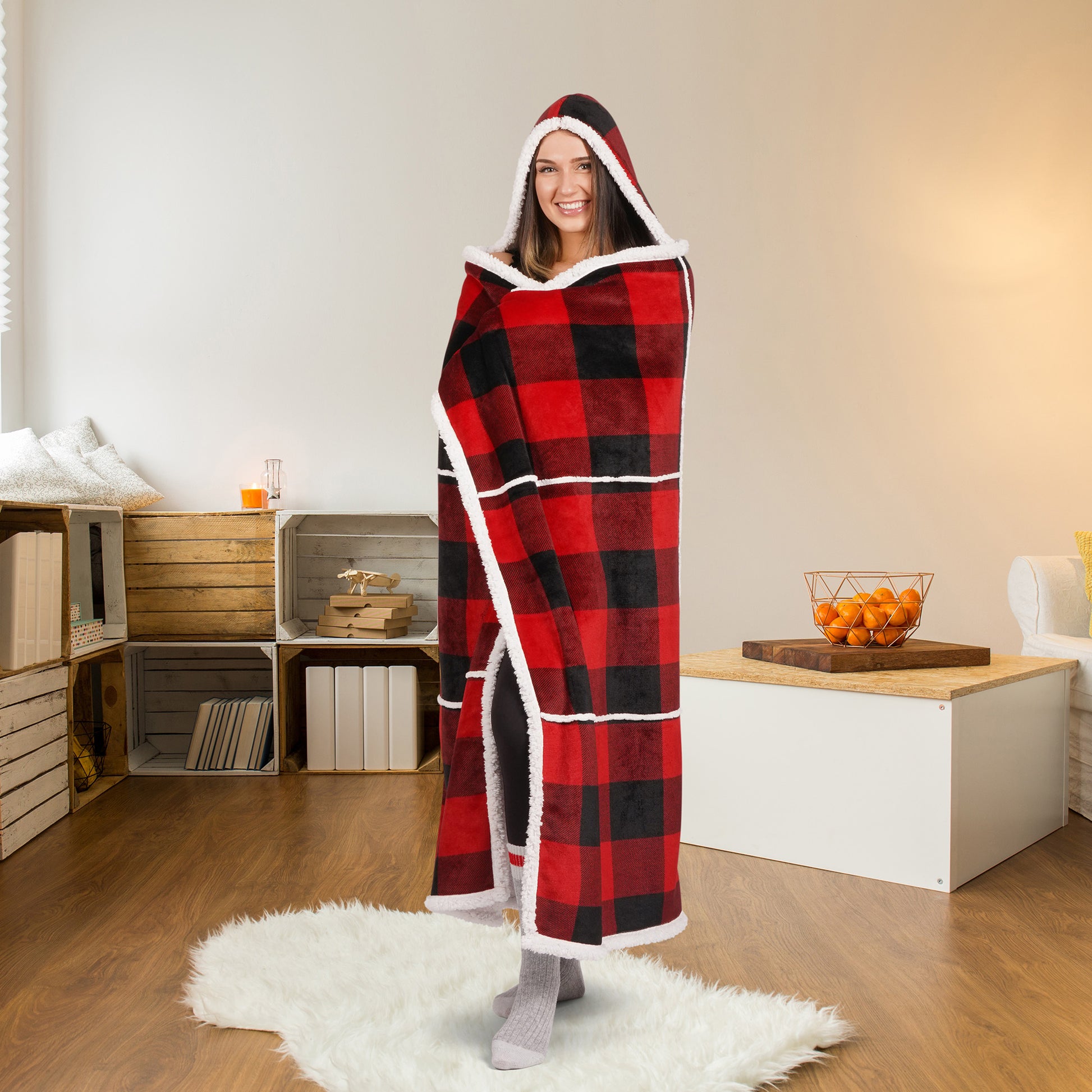 Buffalo Plaid Wearable Blanket Hoodie | Red & Black Sherpa Fleece Throw 48x65 | Cozy Cabin Christmas Gift