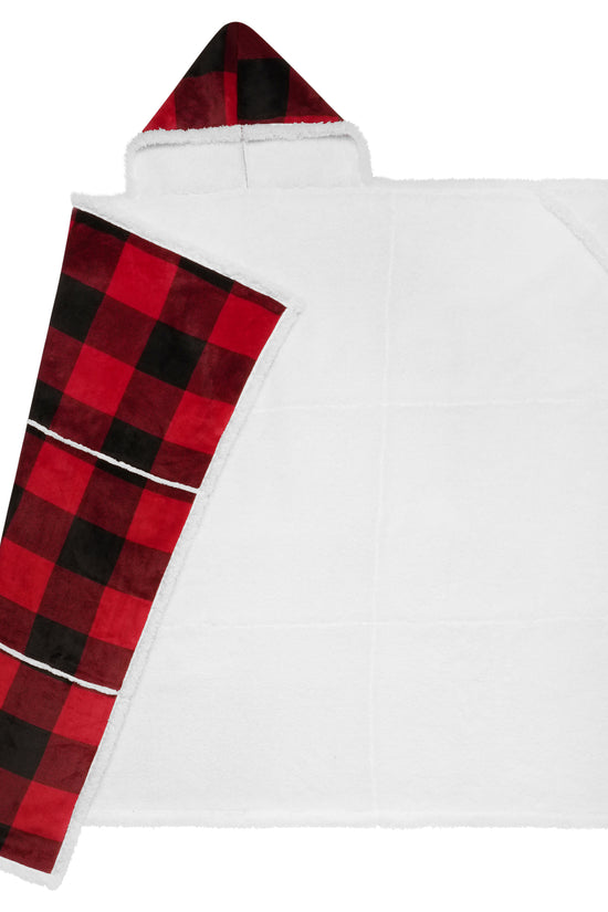 Buffalo Plaid Wearable Blanket Hoodie | Red & Black Sherpa Fleece Throw 48x65 | Cozy Cabin Christmas Gift