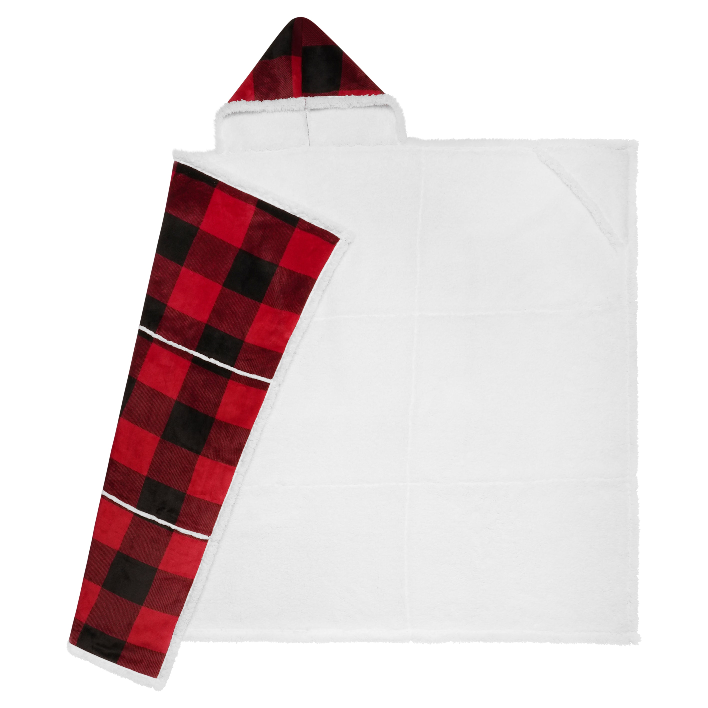 Buffalo Plaid Wearable Blanket Hoodie | Red & Black Sherpa Fleece Throw 48x65 | Cozy Cabin Christmas Gift
