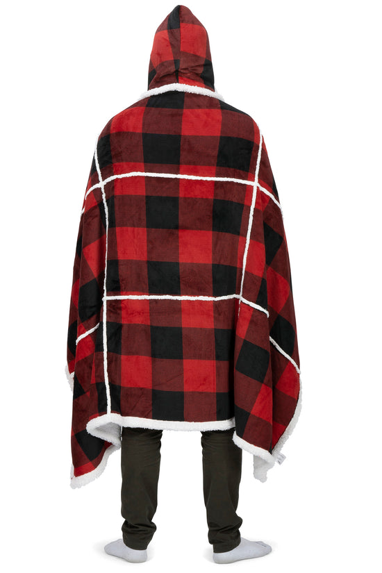 Buffalo Plaid Wearable Blanket Hoodie | Red & Black Sherpa Fleece Throw 48x65 | Cozy Cabin Christmas Gift
