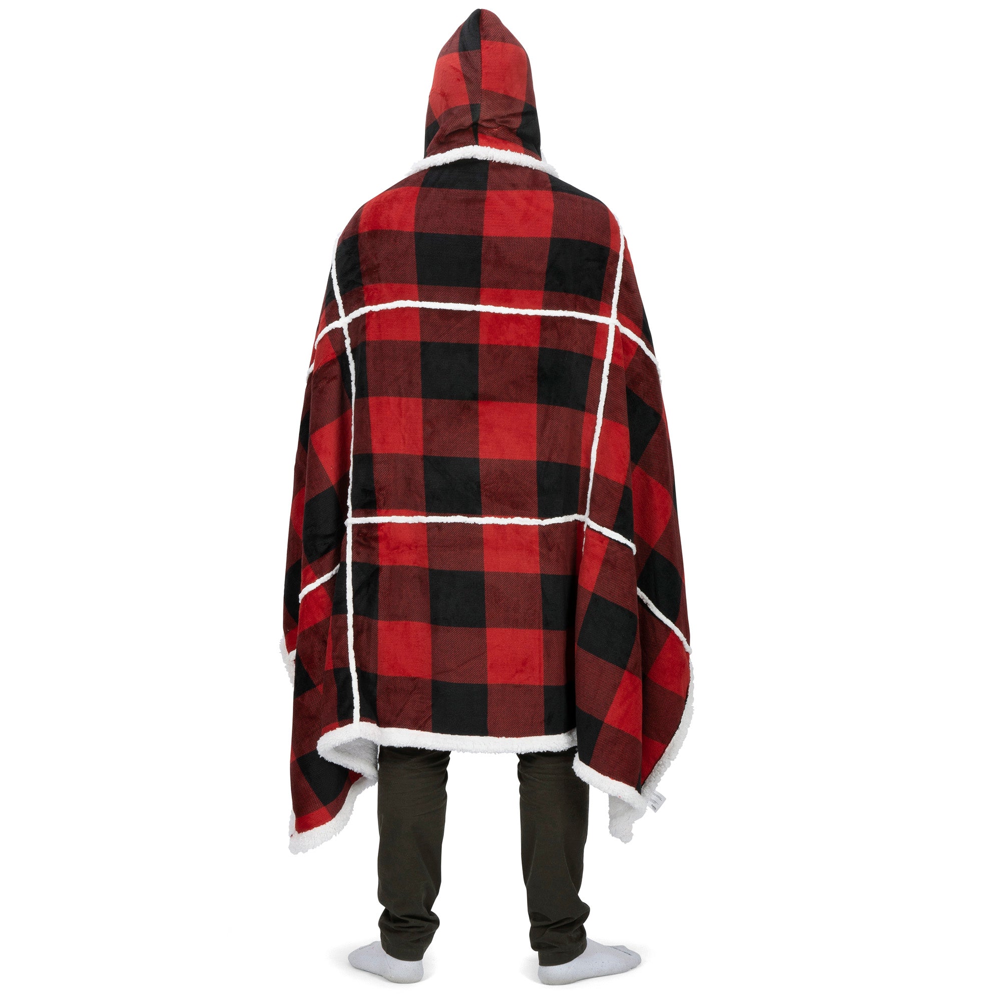 Buffalo Plaid Wearable Blanket Hoodie | Red & Black Sherpa Fleece Throw 48x65 | Cozy Cabin Christmas Gift
