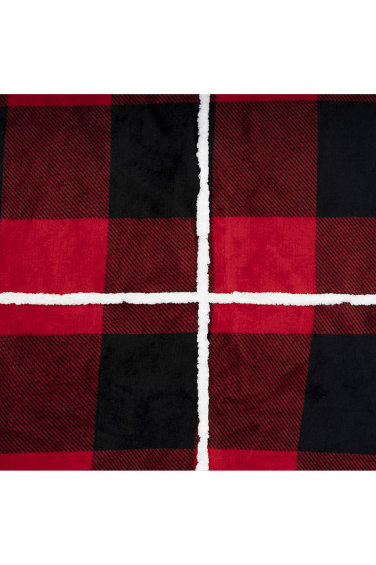 Buffalo Plaid Wearable Blanket Hoodie | Red & Black Sherpa Fleece Throw 48x65 | Cozy Cabin Christmas Gift