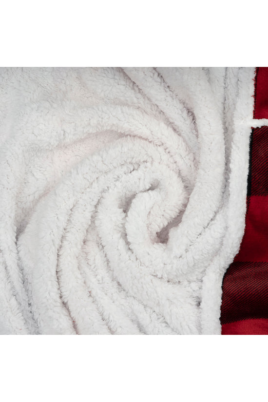 Buffalo Plaid Wearable Blanket Hoodie | Red & Black Sherpa Fleece Throw 48x65 | Cozy Cabin Christmas Gift
