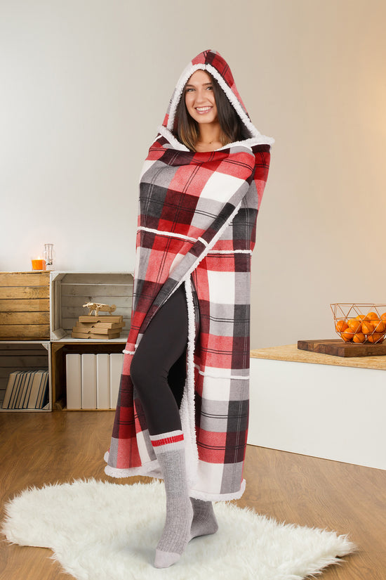 Wearable Blanket Hoodie | Red Winter Plaid Flannel w/ Sherpa Lining 48x65 | Cozy Christmas Gift