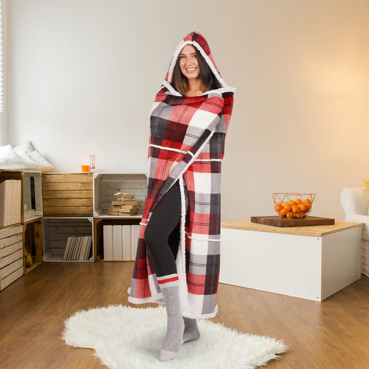Wearable Blanket Hoodie | Red Winter Plaid Flannel w/ Sherpa Lining 48x65 | Cozy Christmas Gift