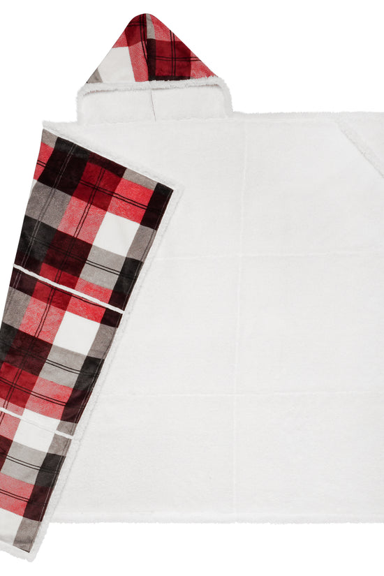 Wearable Blanket Hoodie | Red Winter Plaid Flannel w/ Sherpa Lining 48x65 | Cozy Christmas Gift
