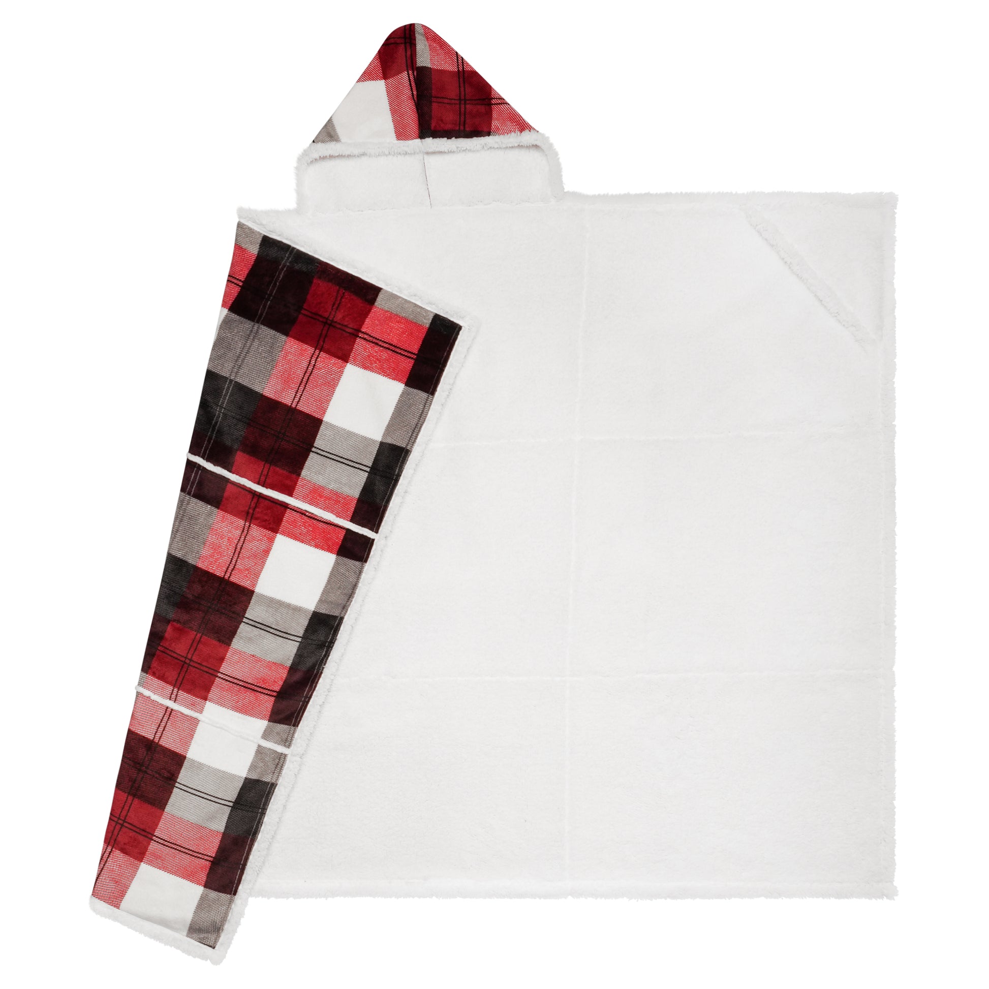 Wearable Blanket Hoodie | Red Winter Plaid Flannel w/ Sherpa Lining 48x65 | Cozy Christmas Gift