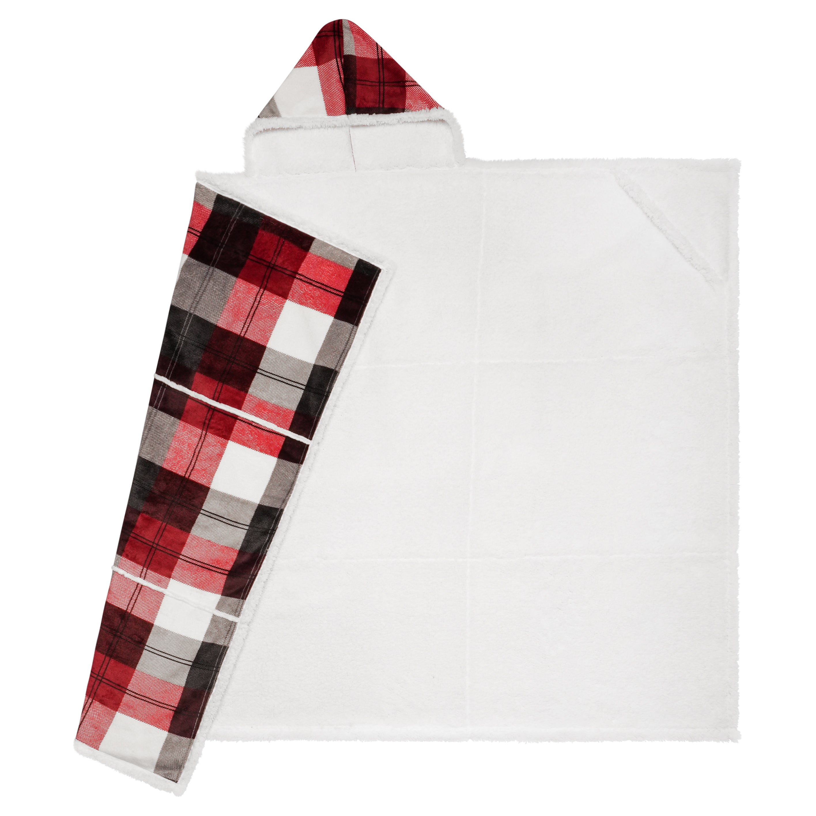 Wearable Blanket Hoodie | Red Winter Plaid Flannel w/ Sherpa Lining 48x65 | Cozy Christmas Gift