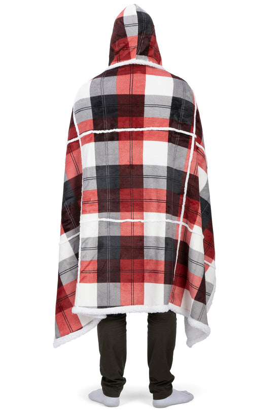 Wearable Blanket Hoodie | Red Winter Plaid Flannel w/ Sherpa Lining 48x65 | Cozy Christmas Gift