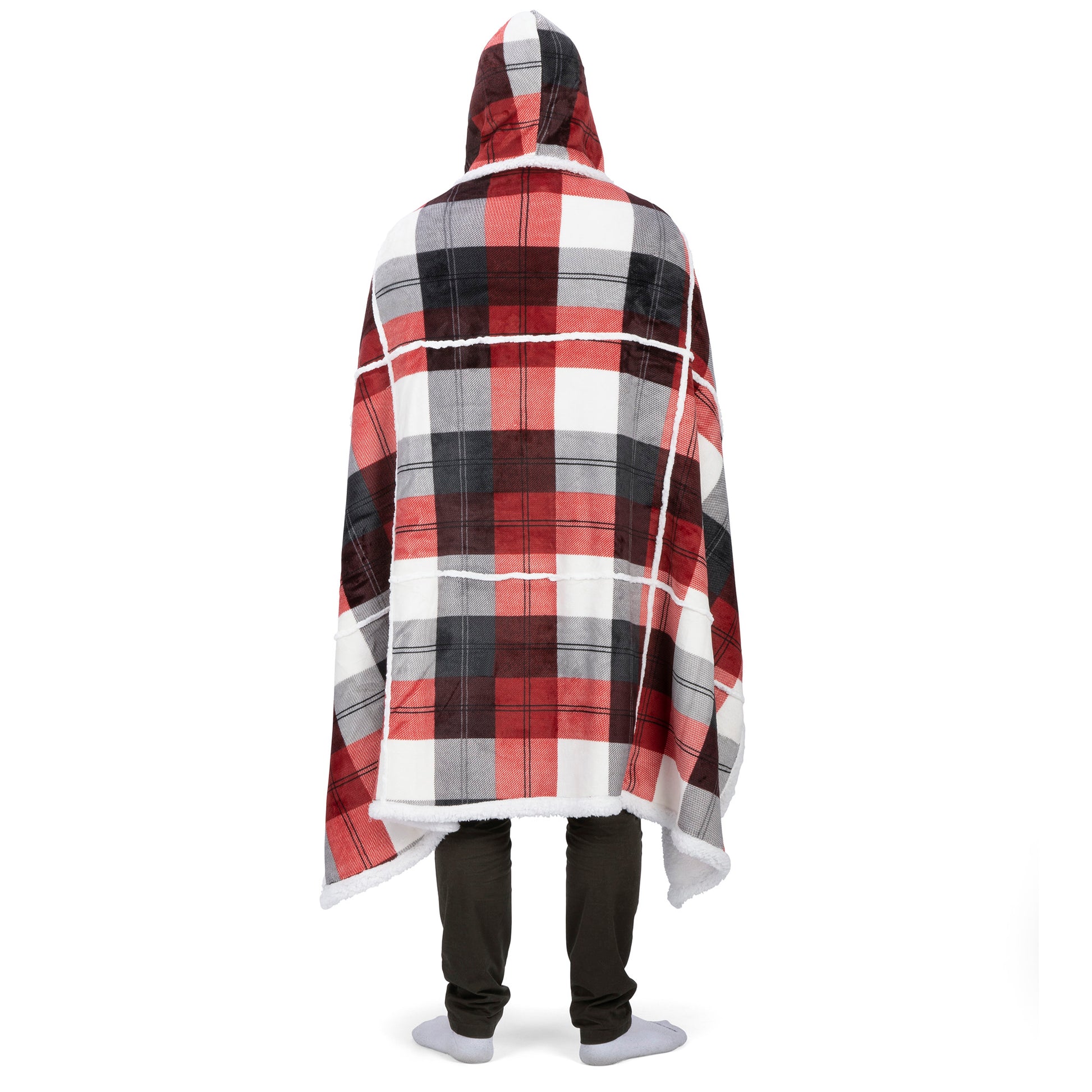 Wearable Blanket Hoodie | Red Winter Plaid Flannel w/ Sherpa Lining 48x65 | Cozy Christmas Gift
