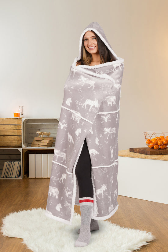 Wearable Blanket Hoodie | Grey Wildlife Moose Print Flannel w/ Sherpa Lining 48x65 | Cabin Gift