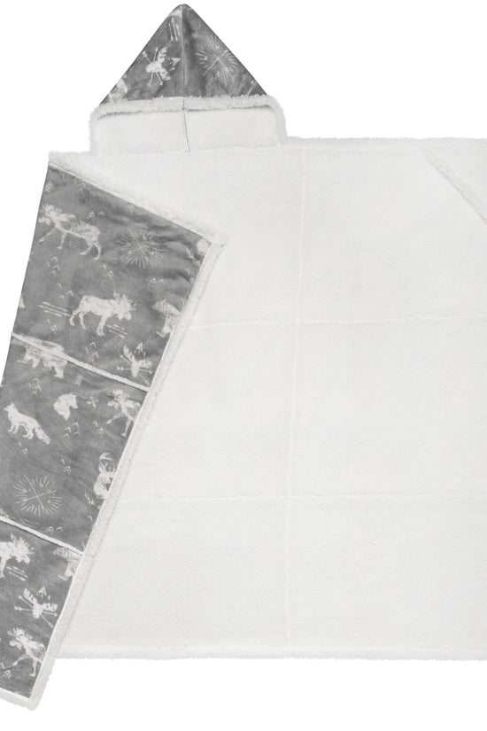 Wearable Blanket Hoodie | Grey Wildlife Moose Print Flannel w/ Sherpa Lining 48x65 | Cabin Gift