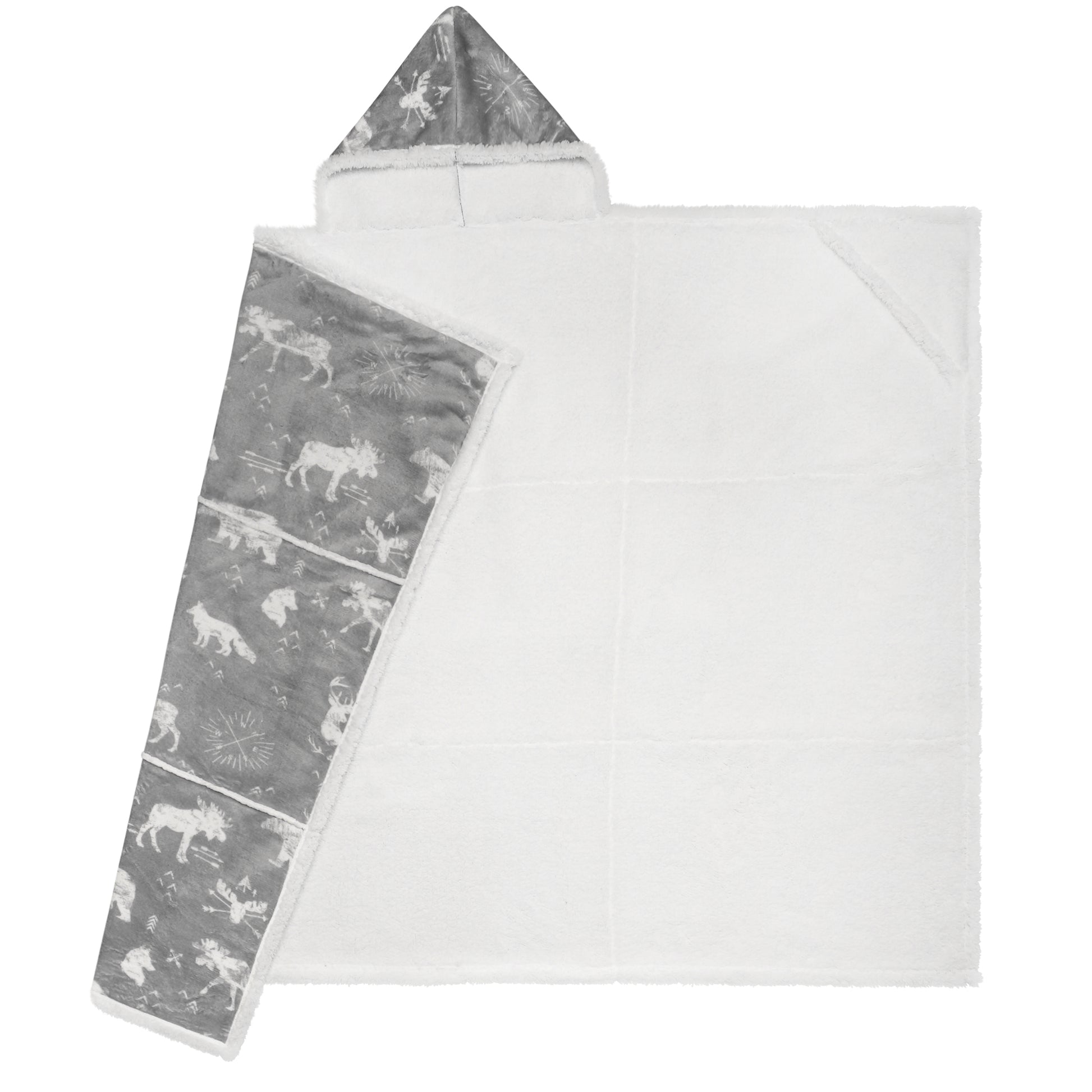 Wearable Blanket Hoodie | Grey Wildlife Moose Print Flannel w/ Sherpa Lining 48x65 | Cabin Gift