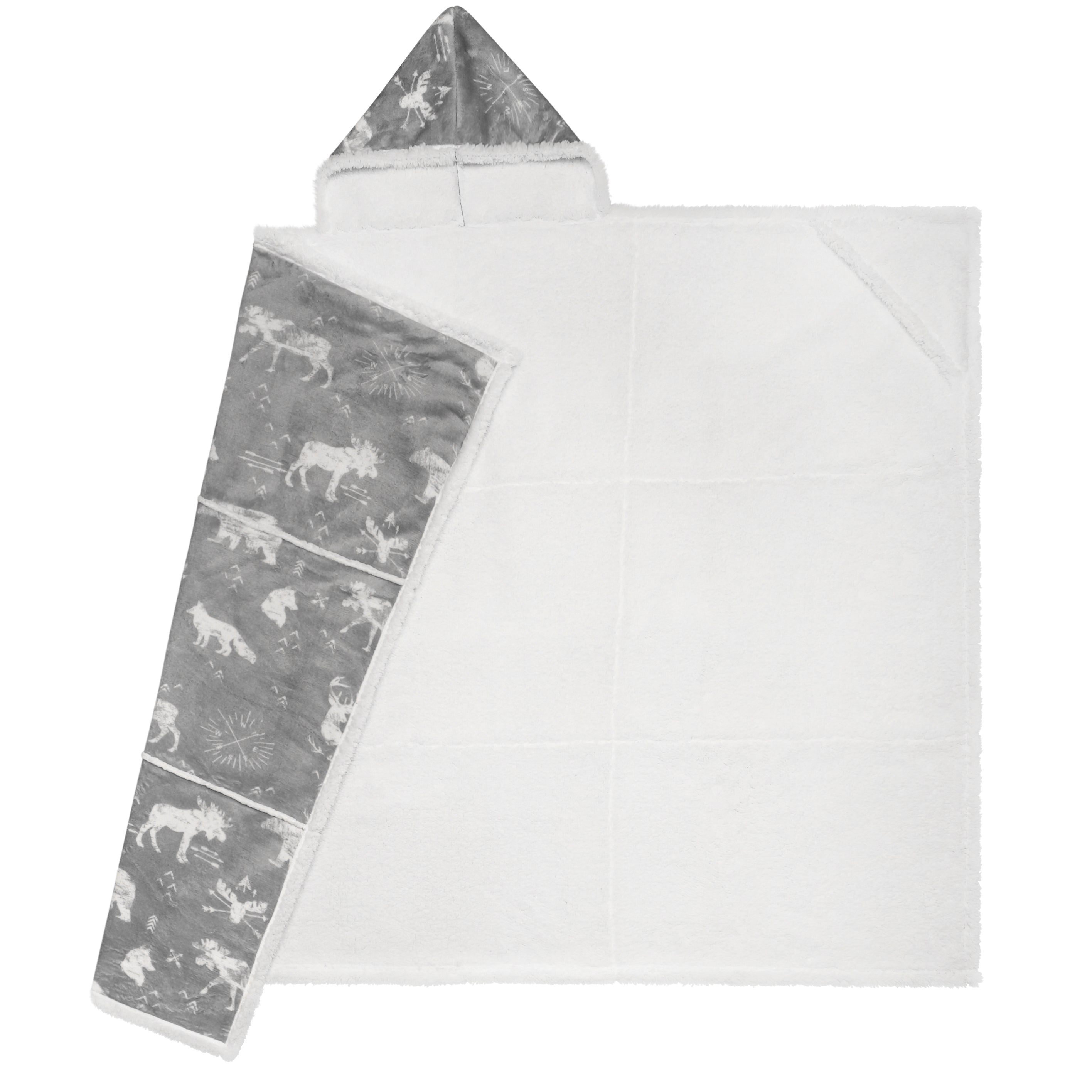 Wearable Blanket Hoodie | Grey Wildlife Moose Print Flannel w/ Sherpa Lining 48x65 | Cabin Gift