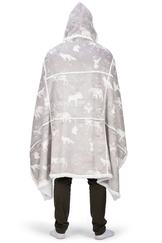 Wearable Blanket Hoodie | Grey Wildlife Moose Print Flannel w/ Sherpa Lining 48x65 | Cabin Gift