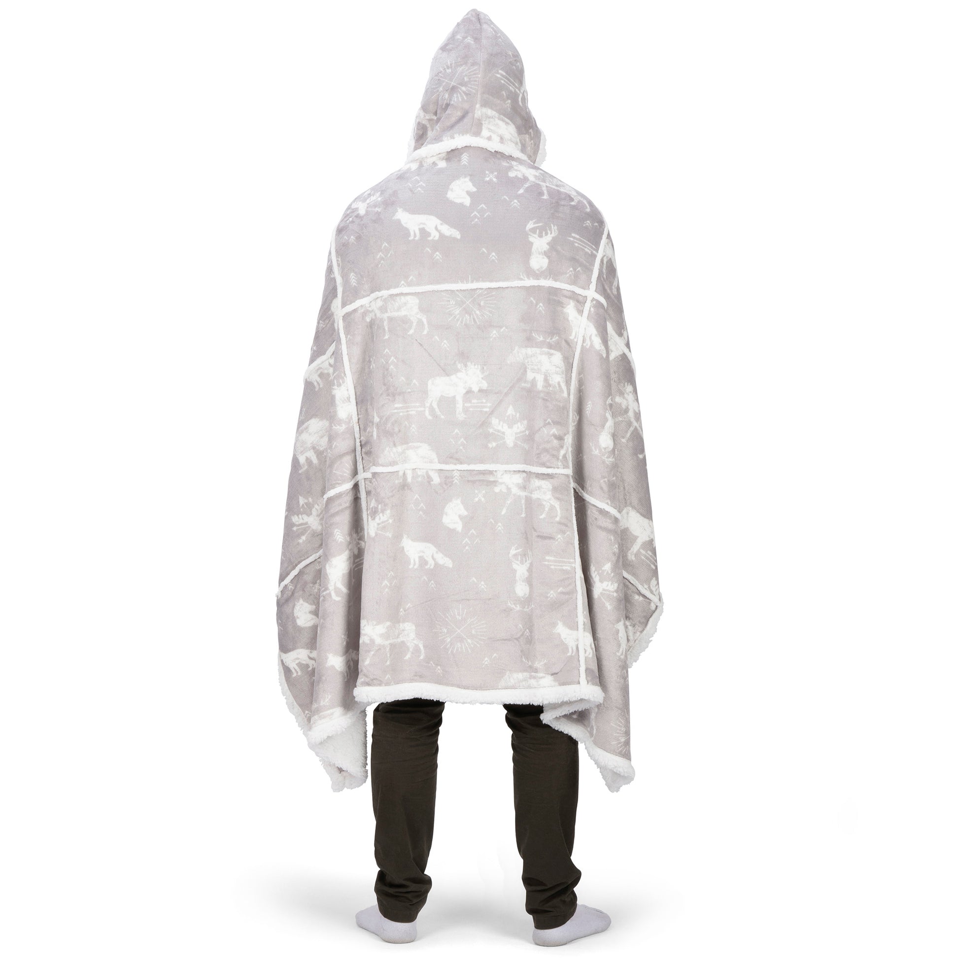 Wearable Blanket Hoodie | Grey Wildlife Moose Print Flannel w/ Sherpa Lining 48x65 | Cabin Gift