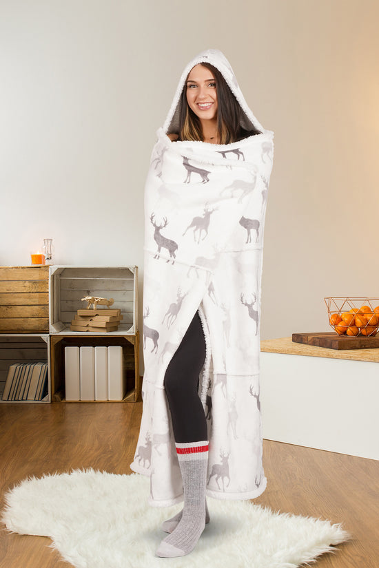 Wearable Blanket Hoodie | Deer Silhouette Flannel w/ Sherpa Lining 48x65 | Cozy Winter Lodge Throw