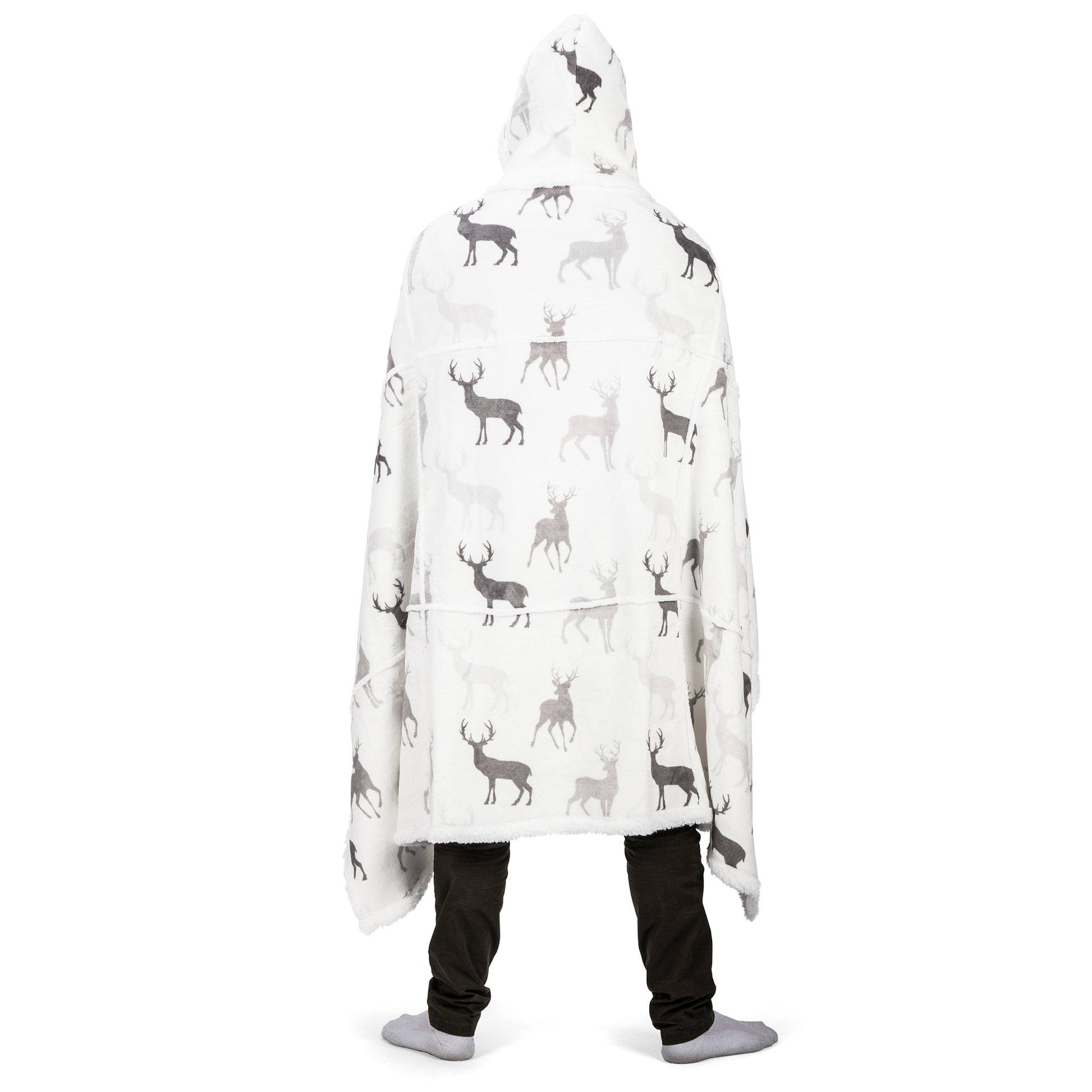 Wearable Blanket Hoodie | Deer Silhouette Flannel w/ Sherpa Lining 48x65 | Cozy Winter Lodge Throw