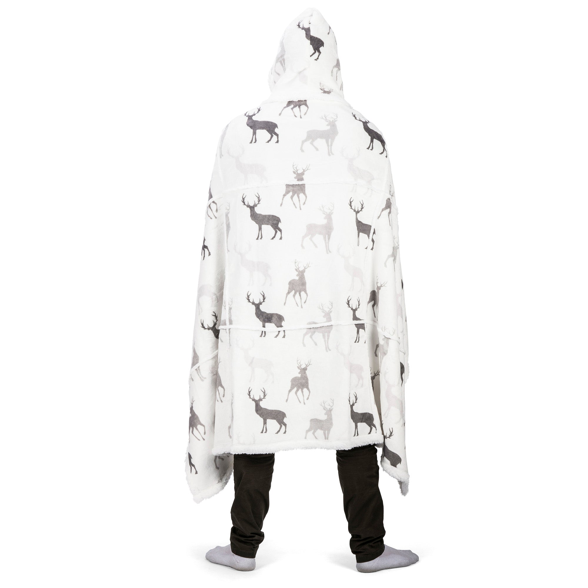 Wearable Blanket Hoodie | Deer Silhouette Flannel w/ Sherpa Lining 48x65 | Cozy Winter Lodge Throw