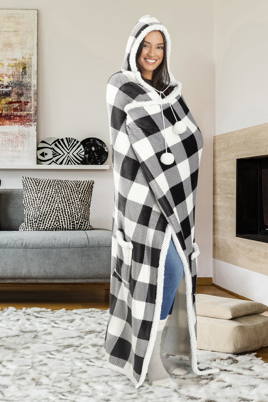 HOODZY Wearable Blanket | Black & White Buffalo Plaid Fleece w/ Sherpa Lining, Pockets & Hood 51x71