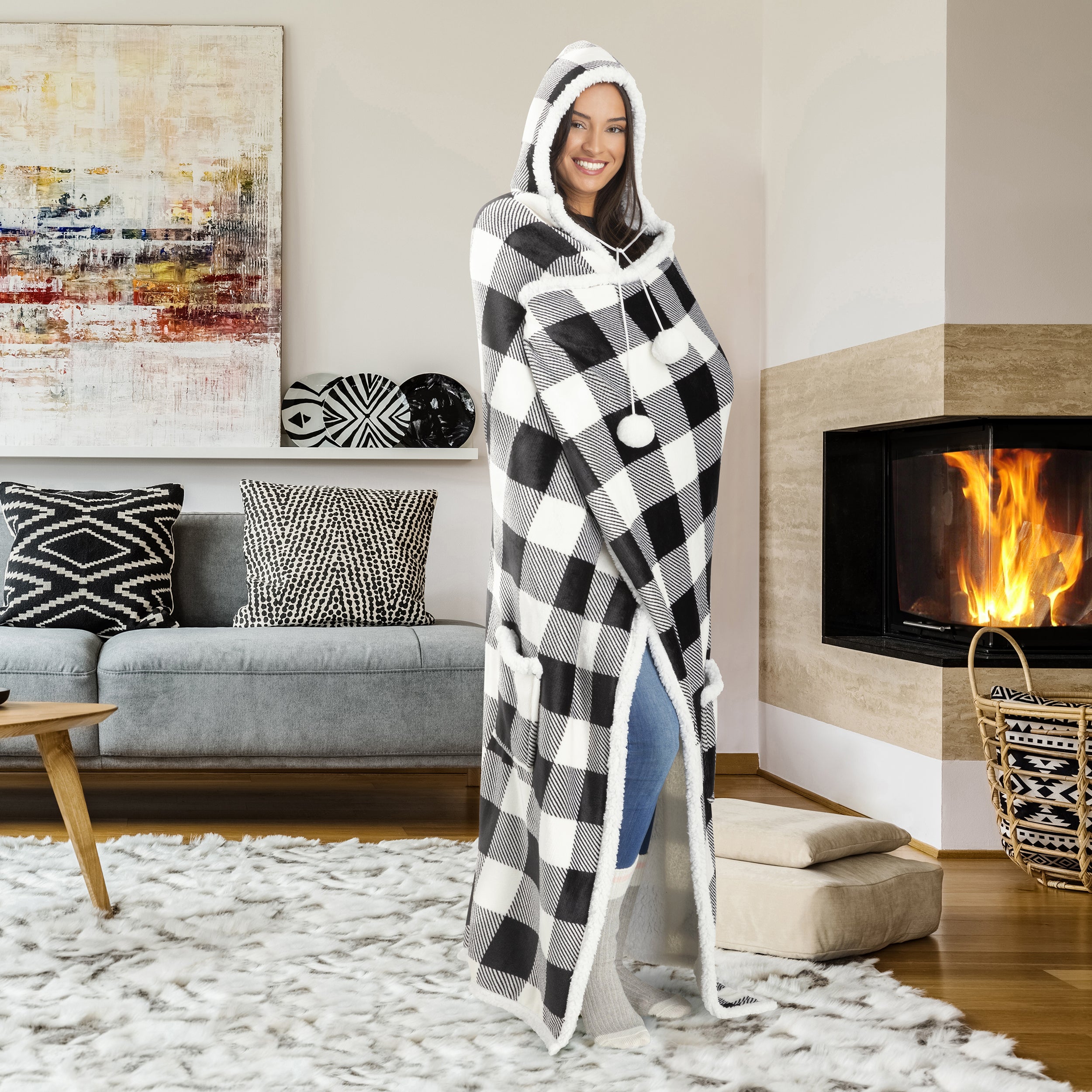 HOODZY Wearable Blanket | Black & White Buffalo Plaid Fleece w/ Sherpa Lining, Pockets & Hood 51x71