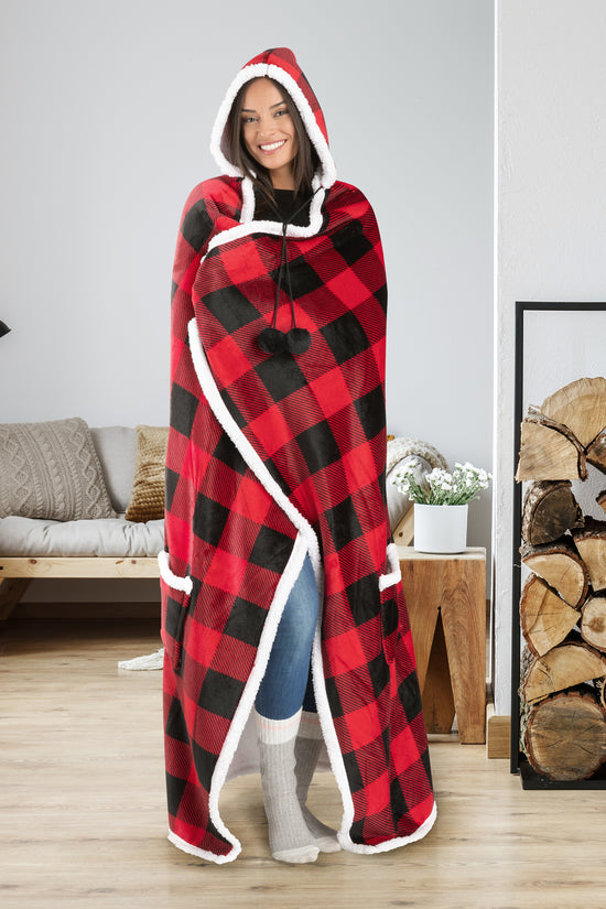 HOODZY Buffalo Plaid Wearable Blanket | Red & Black Sherpa Fleece w/ Hood, Pockets & Pom-Poms 51x71