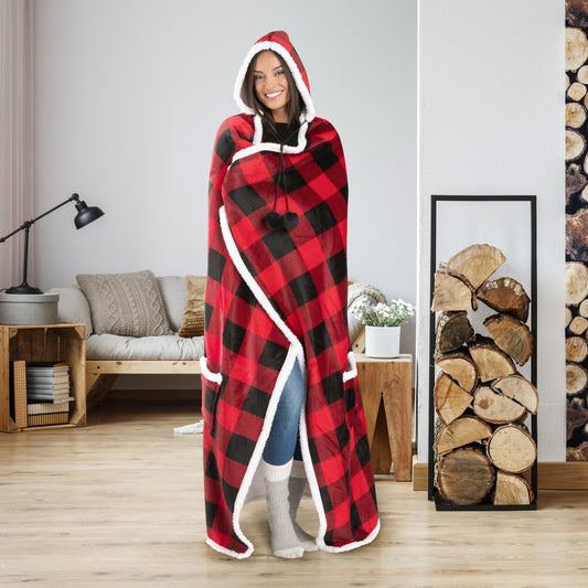 HOODZY Buffalo Plaid Wearable Blanket | Red & Black Sherpa Fleece w/ Hood, Pockets & Pom-Poms 51x71