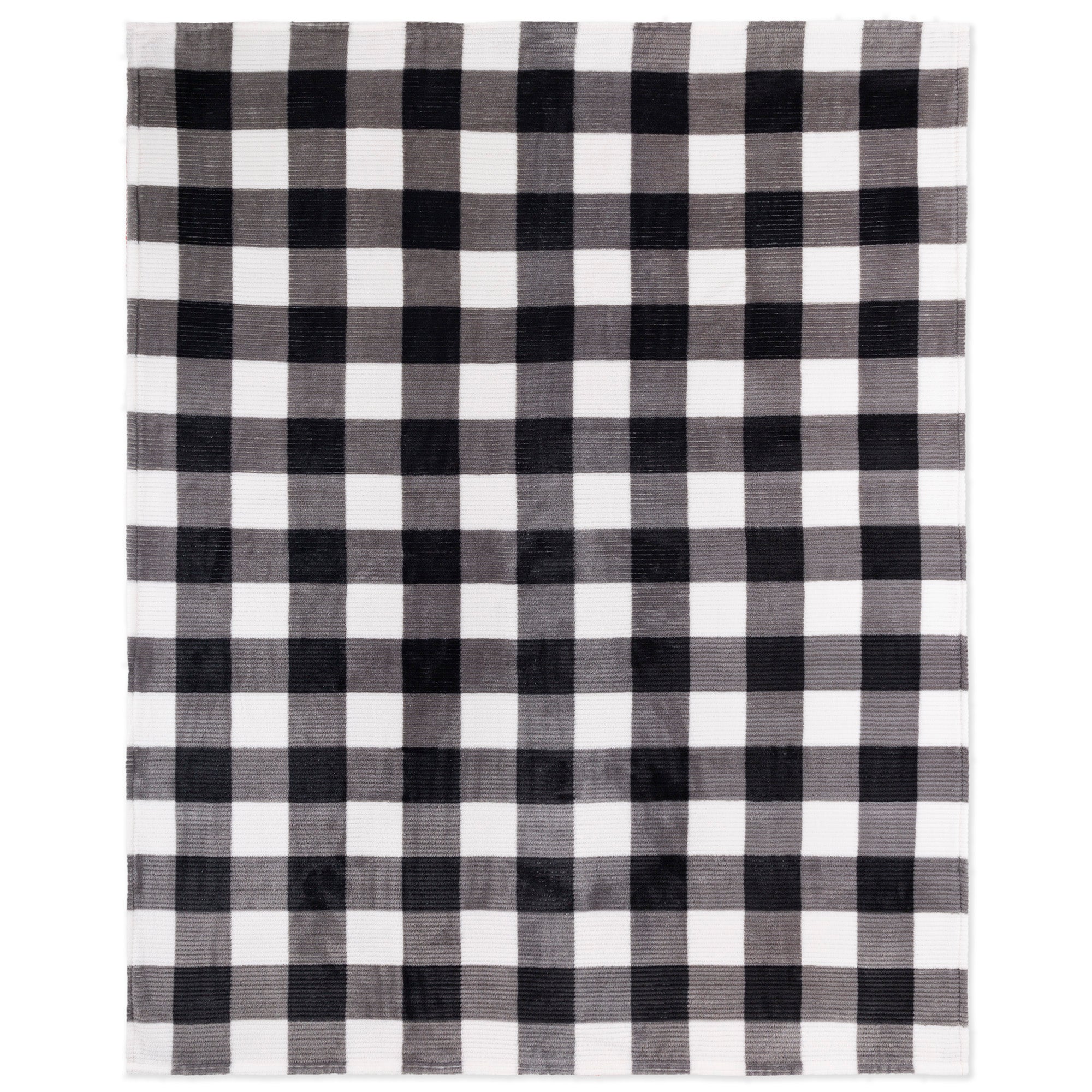 Buffalo Plaid Flannel Throw Blanket 48x60 | Black & White Ribbed Fleece for Couch, Bed, Home Decor