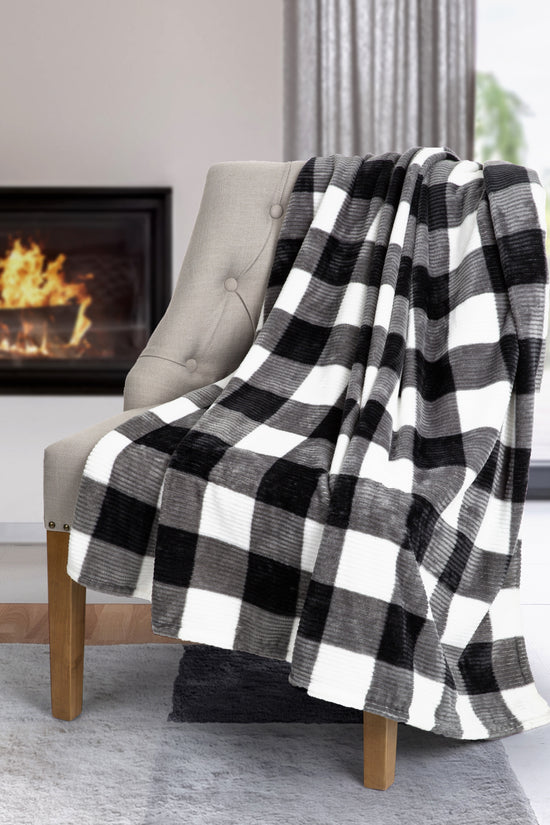 Buffalo Plaid Flannel Throw Blanket 48x60 | Black & White Ribbed Fleece for Couch, Bed, Home Decor