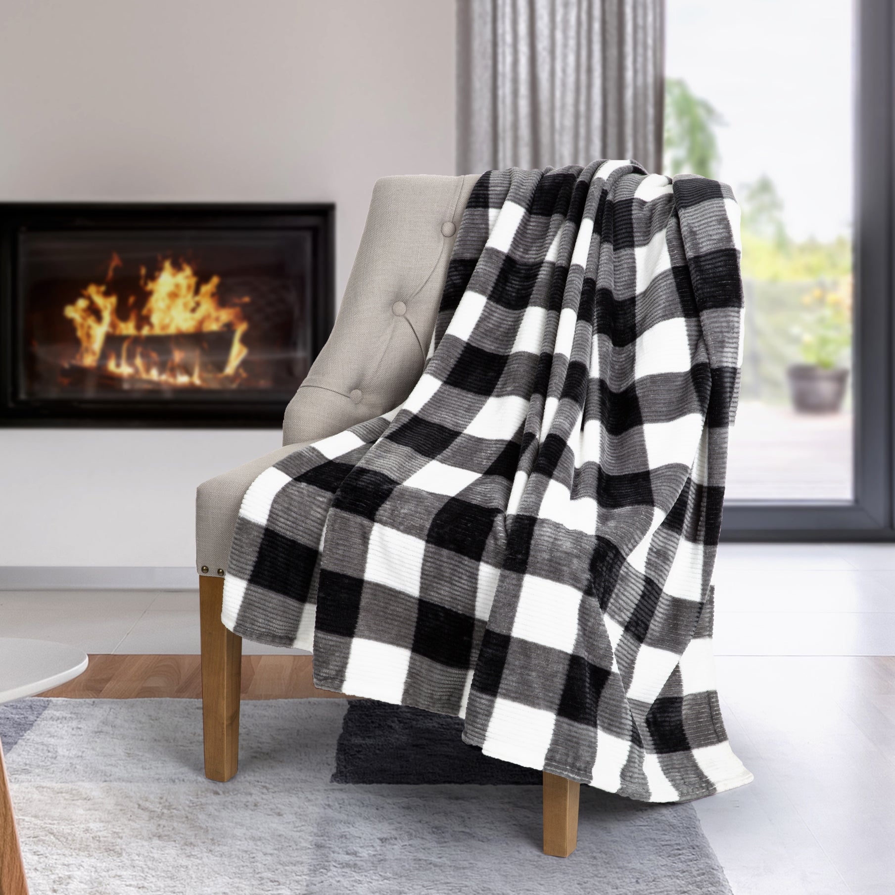 Buffalo Plaid Flannel Throw Blanket 48x60 | Black & White Ribbed Fleece for Couch, Bed, Home Decor