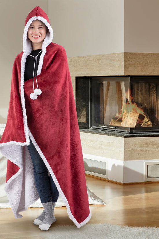 HOODZY Wearable Blanket | Biking Red Sherpa Fleece Hoodie w/ Pockets & Pom-Poms 51x71 | Christmas Gift