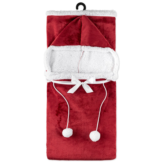 HOODZY Wearable Blanket | Biking Red Sherpa Fleece Hoodie w/ Pockets & Pom-Poms 51x71 | Christmas Gift