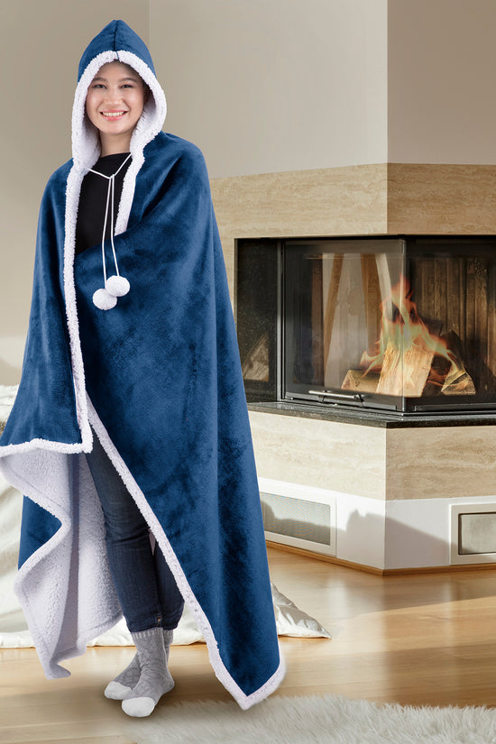 HOODZY Wearable Blanket Hoodie | Navy Blue Sherpa Fleece Throw w/ Hood, Pockets & Pom-Poms 51x71