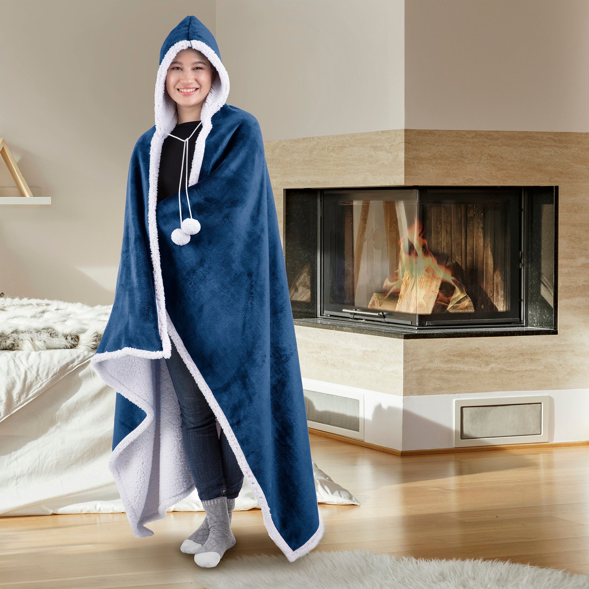 HOODZY Wearable Blanket Hoodie | Navy Blue Sherpa Fleece Throw w/ Hood, Pockets & Pom-Poms 51x71