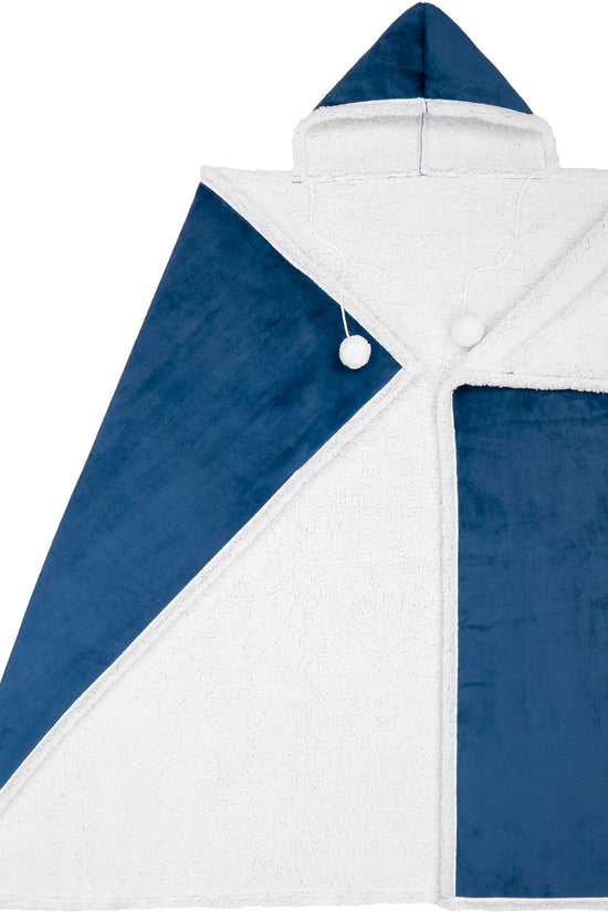 HOODZY Wearable Blanket Hoodie | Navy Blue Sherpa Fleece Throw w/ Hood, Pockets & Pom-Poms 51x71