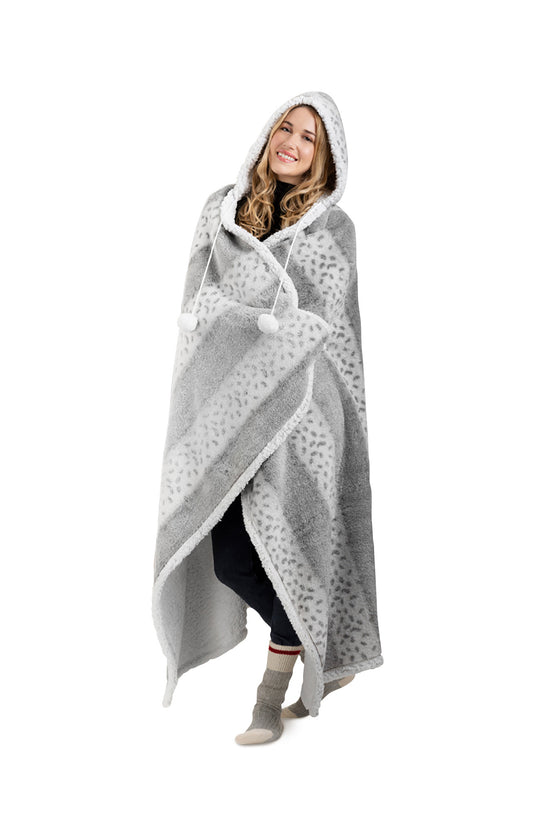 HOODZY Faux Fur Wearable Blanket Hoodie | Grey Leopard Sherpa Lined Throw w/ Hood & Pom-Poms 51x71