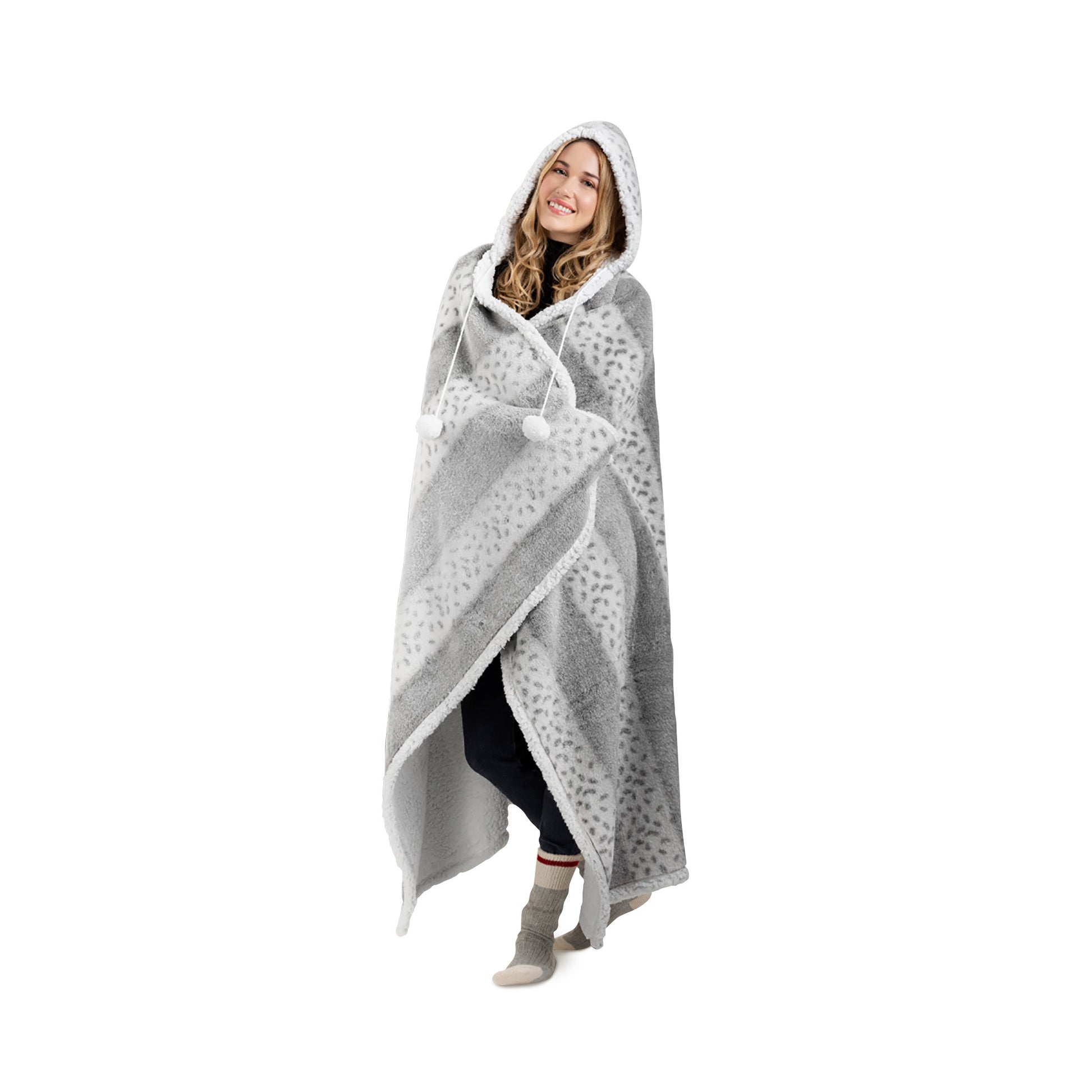HOODZY Faux Fur Wearable Blanket Hoodie | Grey Leopard Sherpa Lined Throw w/ Hood & Pom-Poms 51x71