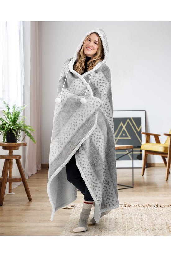 HOODZY Faux Fur Wearable Blanket Hoodie | Grey Leopard Sherpa Lined Throw w/ Hood & Pom-Poms 51x71