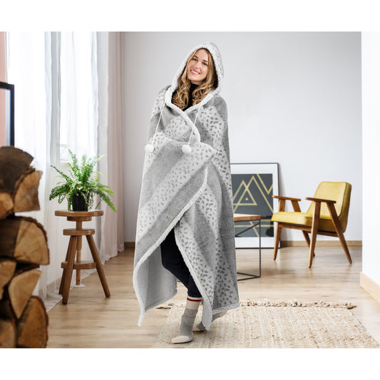 HOODZY Faux Fur Wearable Blanket Hoodie | Grey Leopard Sherpa Lined Throw w/ Hood & Pom-Poms 51x71