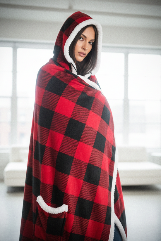 HOODZY Buffalo Plaid Wearable Blanket | Red & Black Sherpa Fleece w/ Hood, Pockets & Pom-Poms 51x71